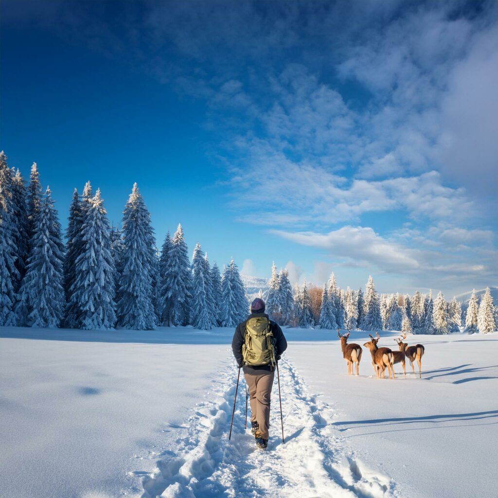 man Trekking through the snow with his snow shoes and trekking poles and sees a group of deer