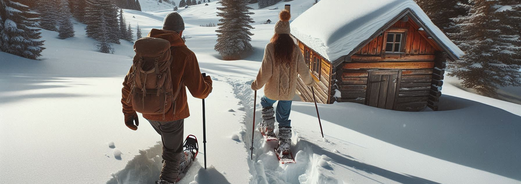 man and a woman snow shoeing in deep snow on a trail down from their rustic cabin in the wilderness