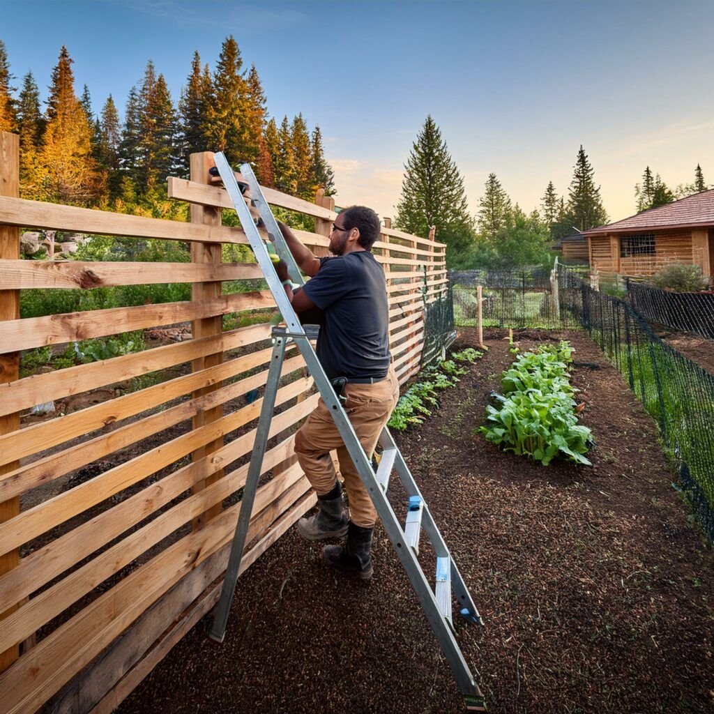 man on a ladder building an 8 foot high fence around his vegetable garden by his cabin in the forest