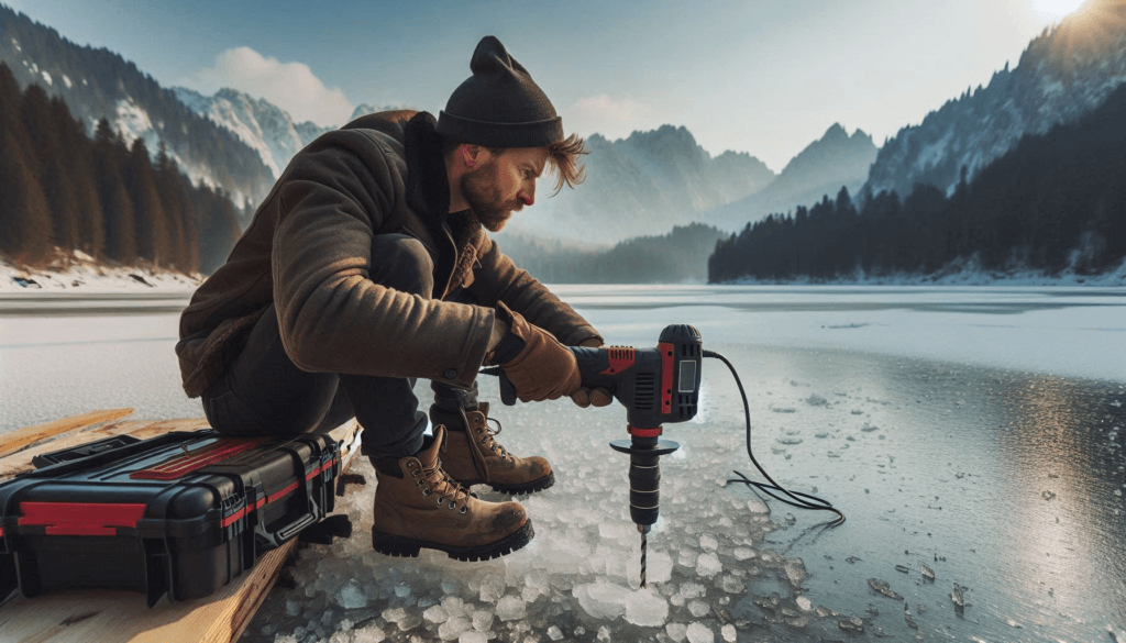 man testing the thickness of the ice with a portable drill on a frozen lake in the wilderness