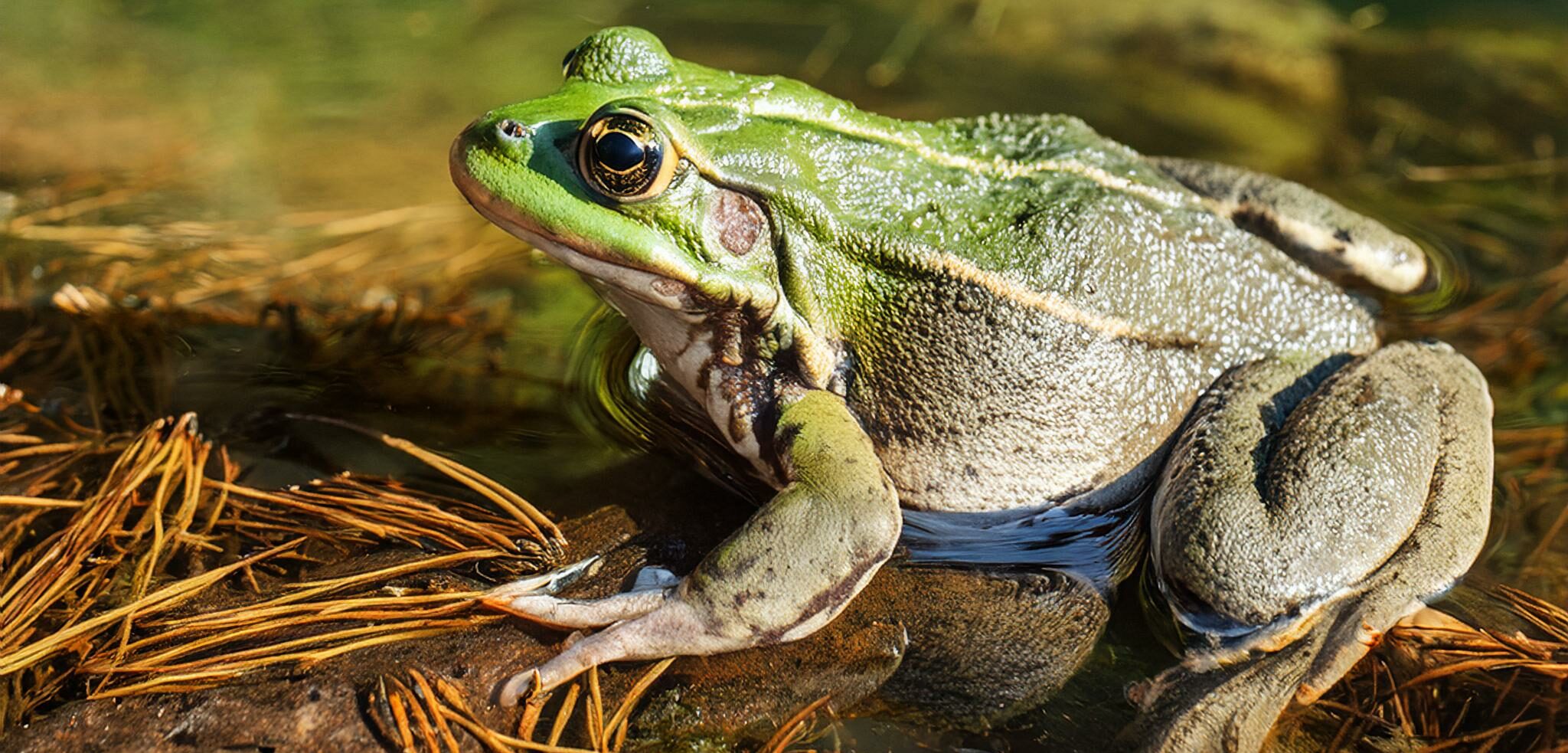 the northern wood frog in the forest in an alpine lake