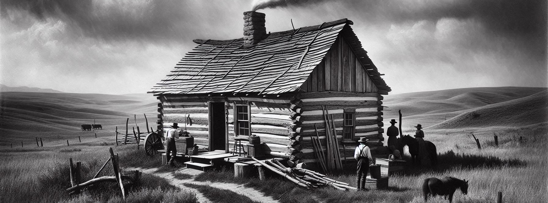 19th century western settlers building a one room cabin on the prairie