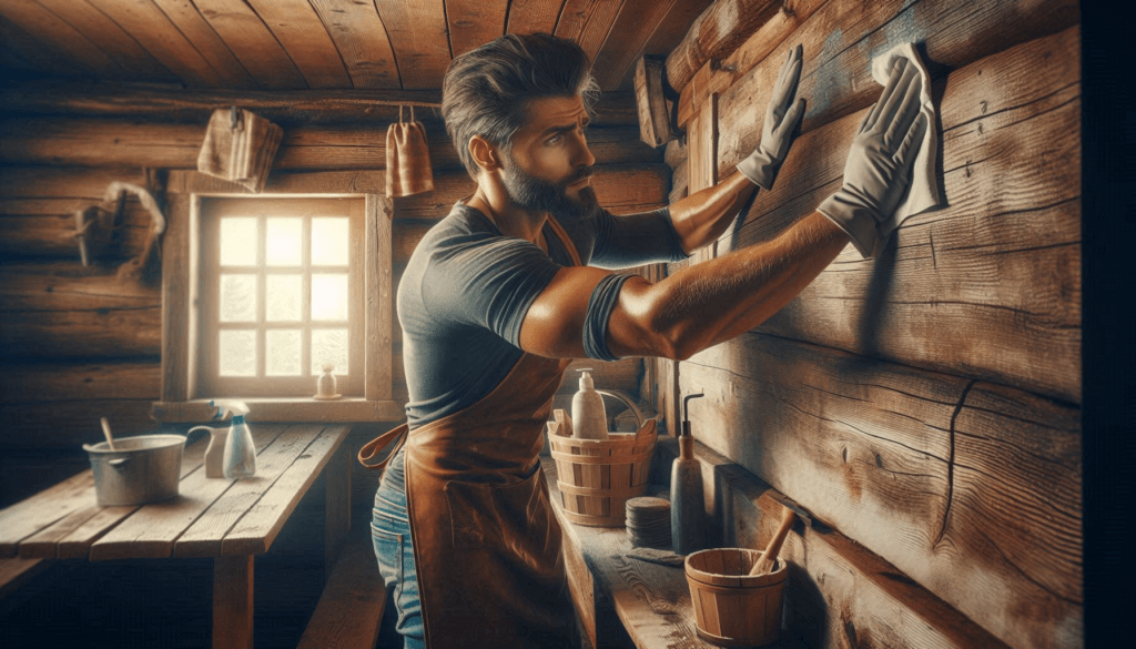 A man wiping the flat walls of his rustic cabin to clean them