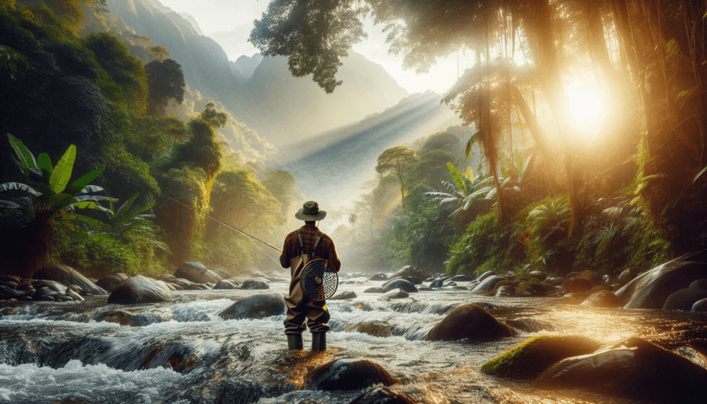 Man Fly Fishing with waders in a stream