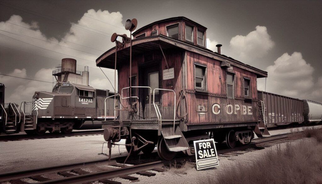 Old caboose sitting next to a train with a For Sale sign on it