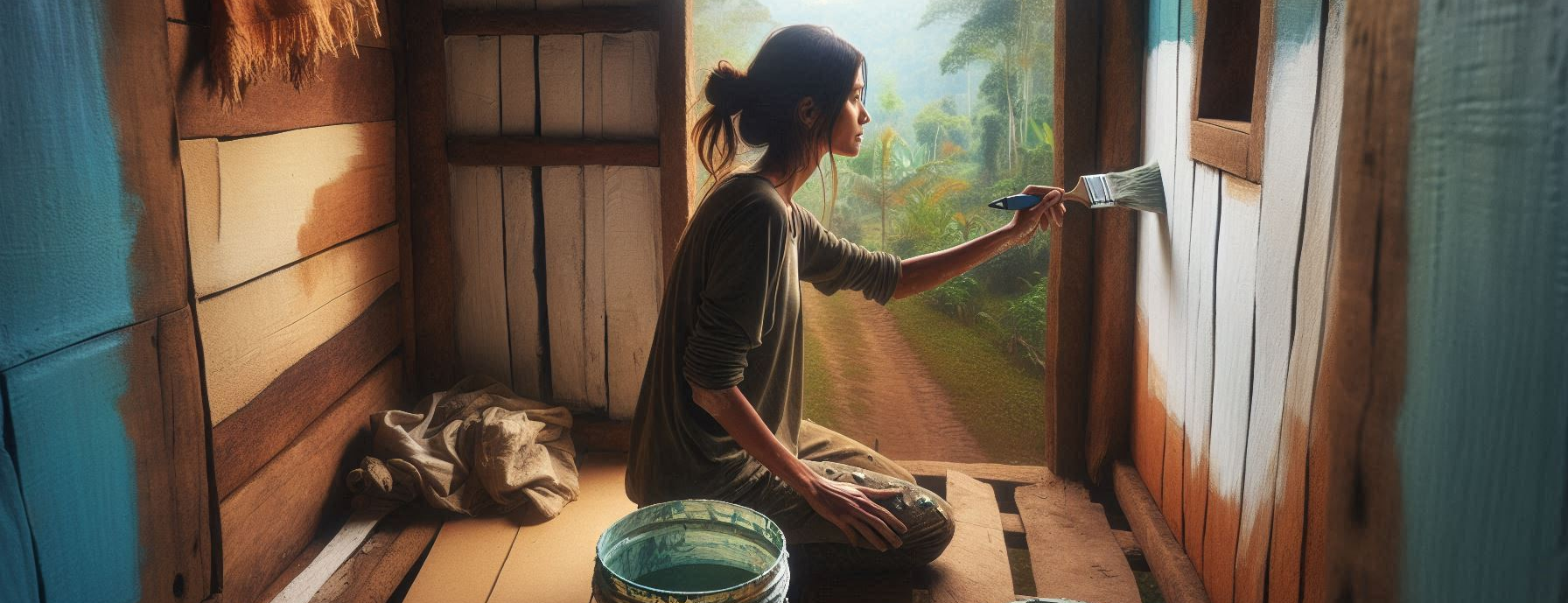 Woman painting the walls in her rustic cabin in the wilderness