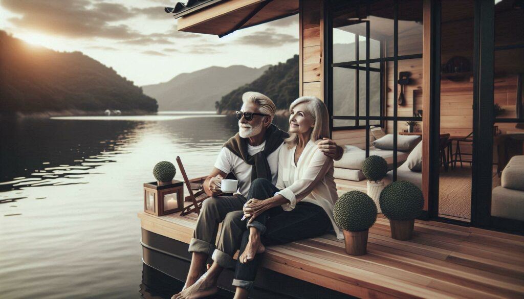 a mature man and woman enjoying the view from their floating boat house