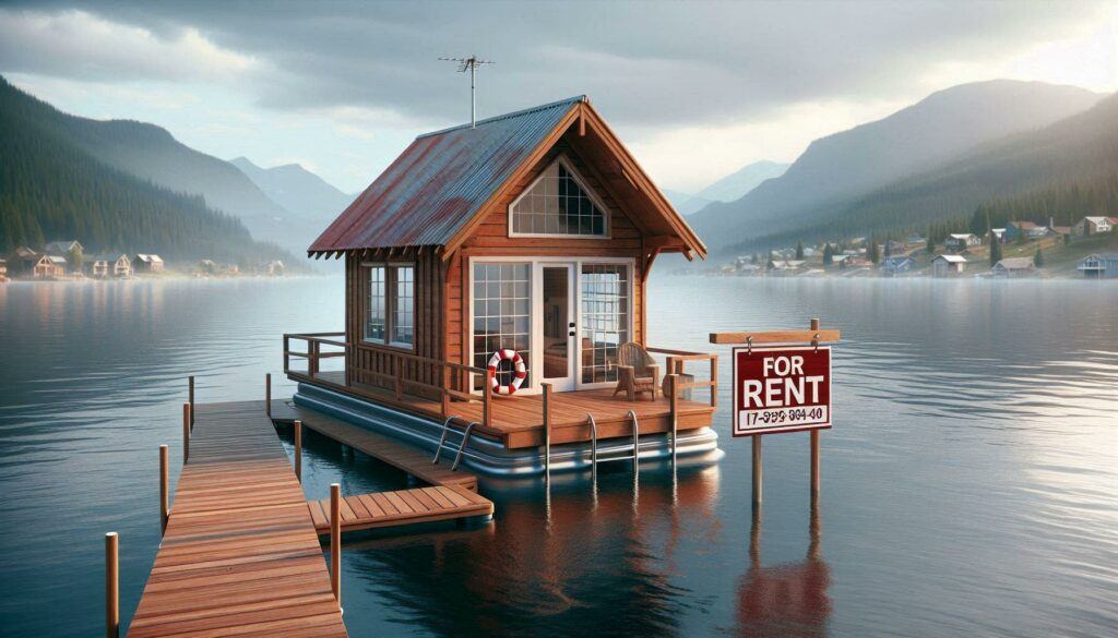 floating boat house with a sign reading For Rent with a dock leading to a shore