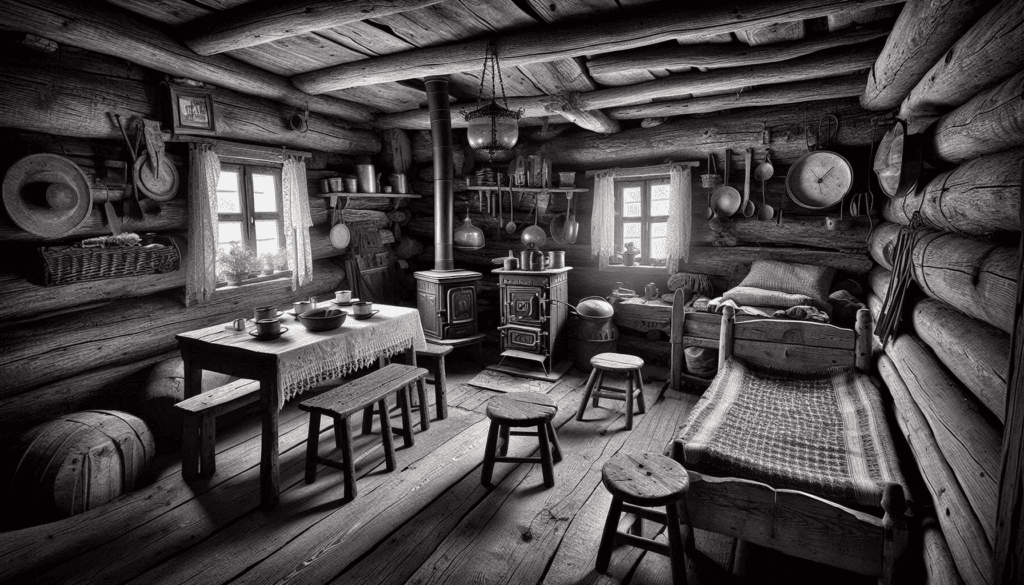 inside a 19th century one room cabin with old rustic  handmade furniture, a stove, a table and chairs to eat at and two small beds in black and white