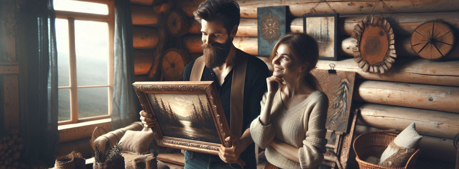 man and his wife admiring some beautiful rustic art work in their rustic cabin by the lake