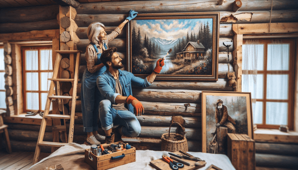 man and his wife putting up a rustic painting on the wall of their rustic cabin