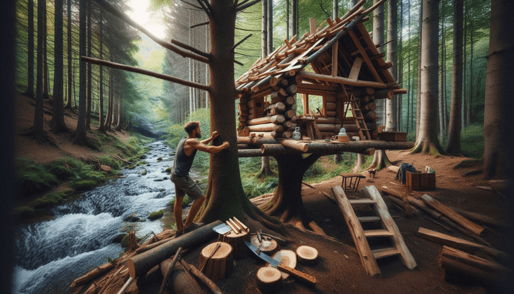 man building a cabin in a tree in the wilderness by a stream