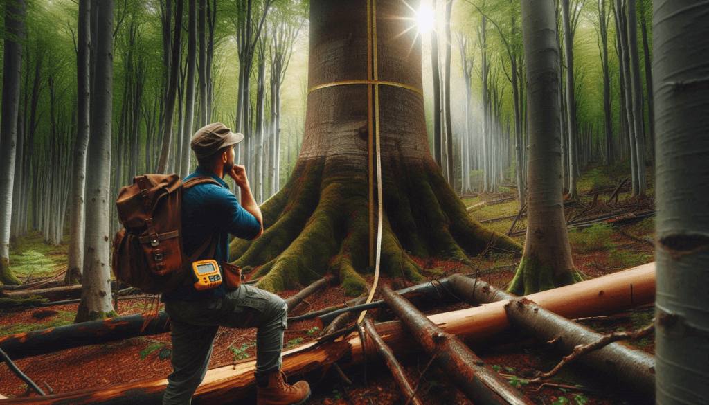 man in the forest looking at a huge tree with a tape measure thinking about building a tree house