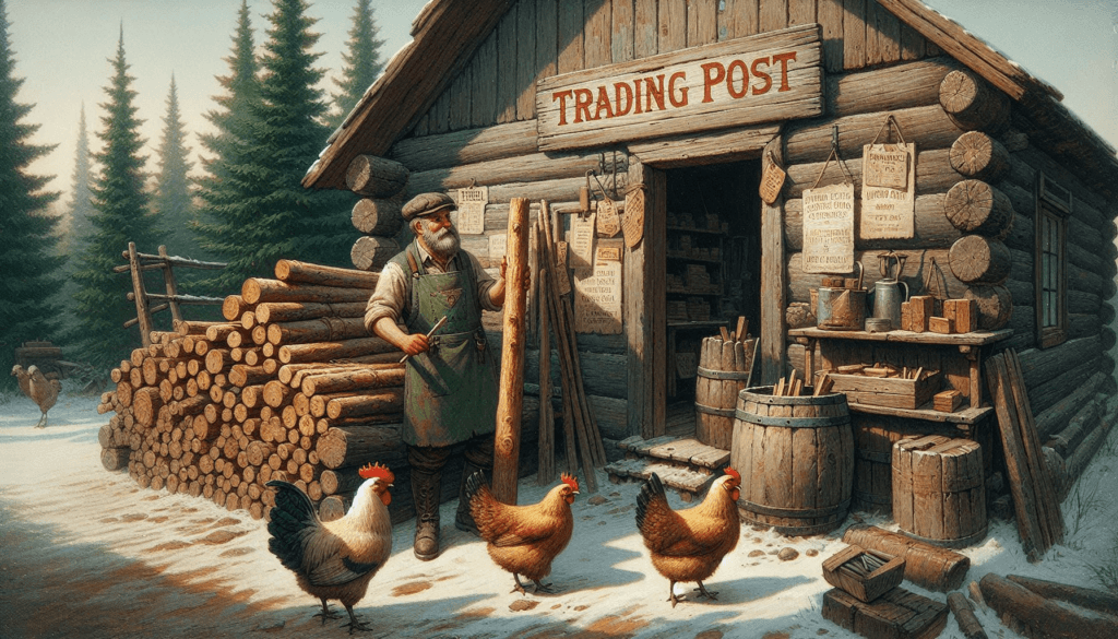 man with two chickens buying some wood from an old store with the sign "Trading Post" on the front of the store