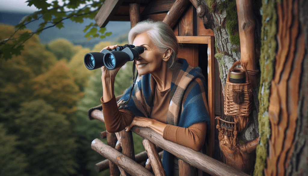 mature woman looking through binoculars from her tree house cabin in the wilderness