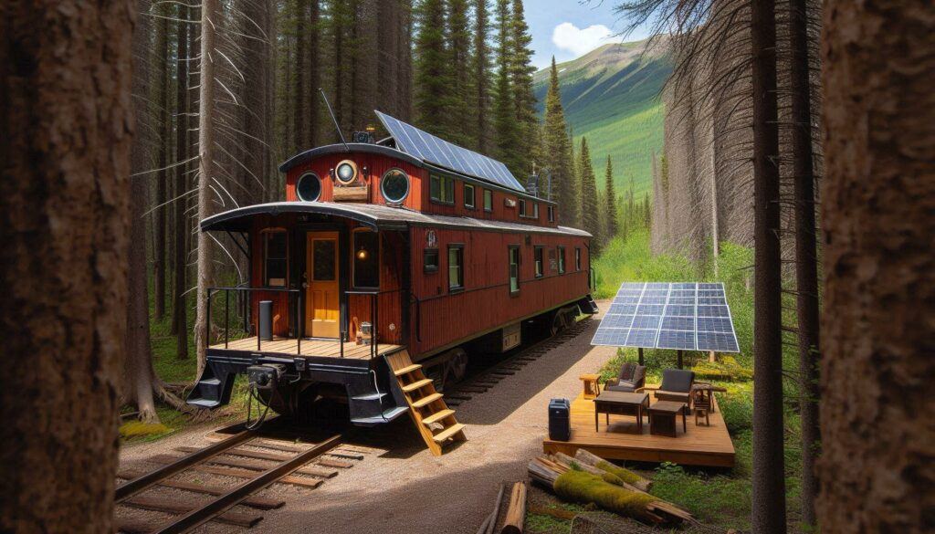 train caboose made into a cabin in the forest with solar panels next to it