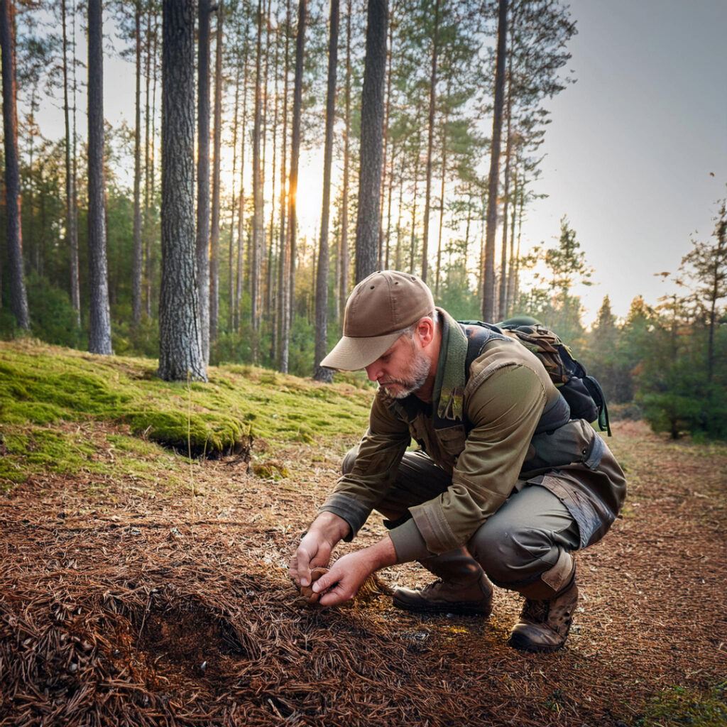 A hunter looking for deer prints in the forest