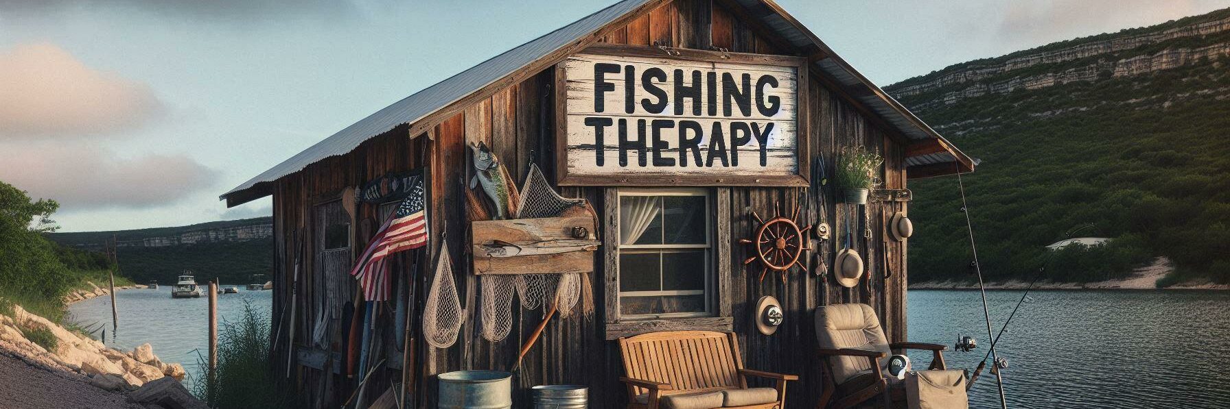 A sign on a rustic fishing cabin reading "Fishing Therapy"