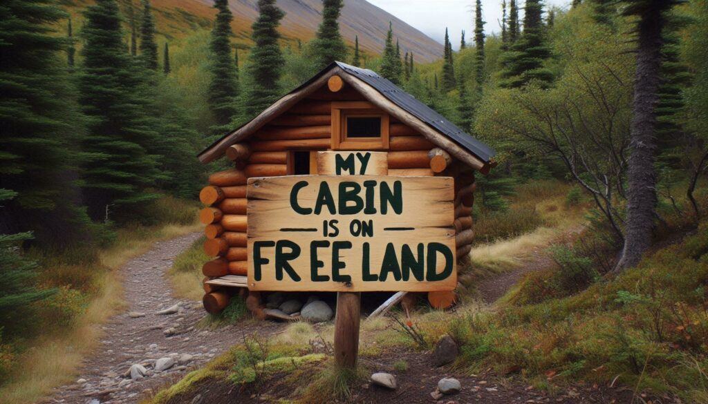 A sign reading My Cabin is on Free Land in the wilderness