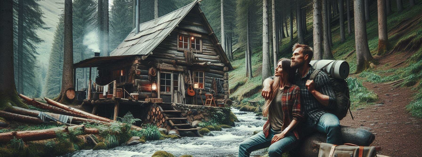 Man and a woman living deep in the wilderness in a cabin off the grid by a rushing stream