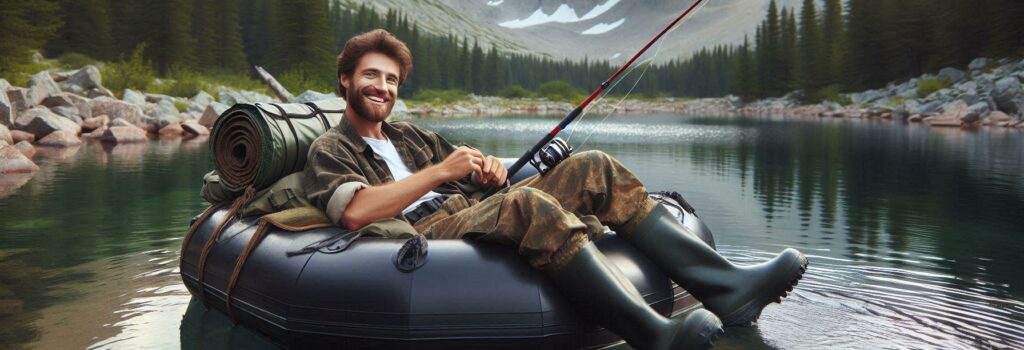 Man fishing in a rubber raft smiling and relaxing on a small alpine lake in the wilderness