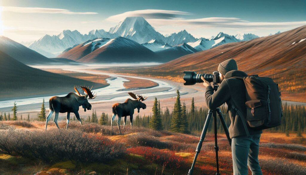 
Man using a zoom lens on a tripod on his camera to take a picture of a moose far away on a hill in the mountains