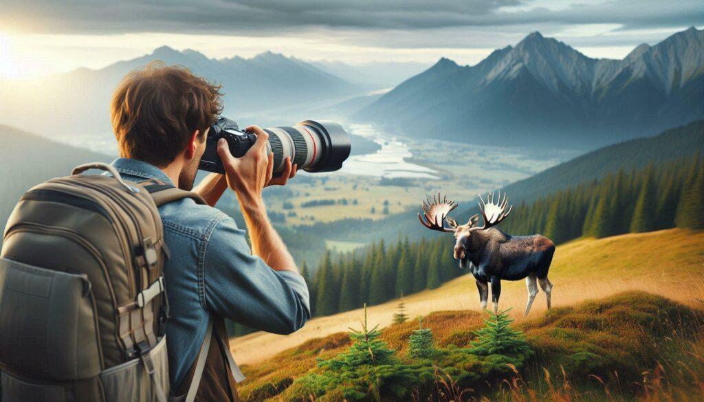 Man using a zoom lens on his camera to take a picture of a moose far away on a hill in the mountains