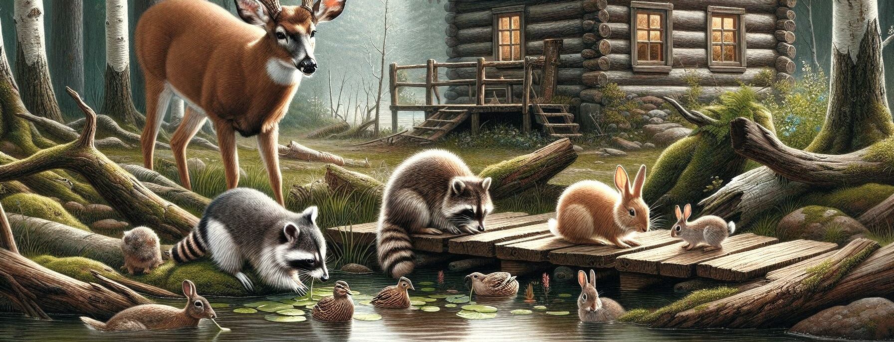 Picture of a deer, a rabbit and a raccoon feeding in the woods behind a rustic cabin by a lake