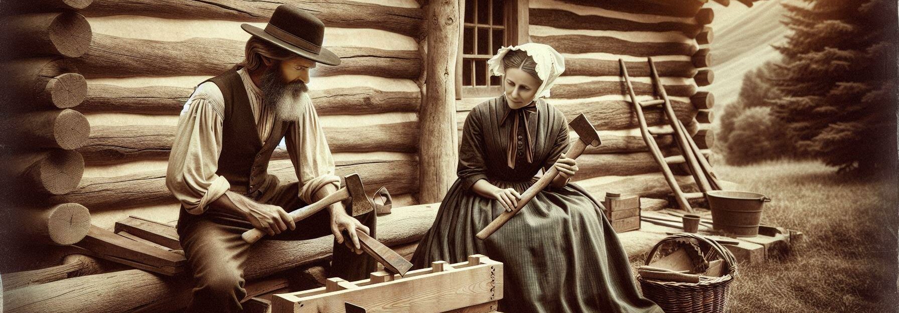 Pioneer man and woman with 19th century hand tools building their cabin