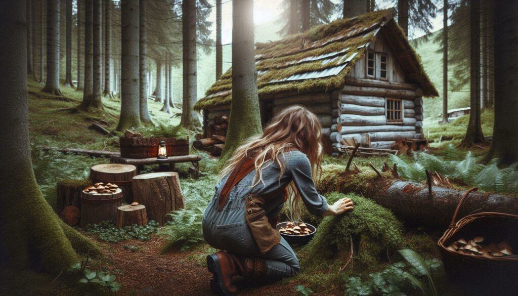 Woman looking for food in the forest by her rustic cabin in the wilderness