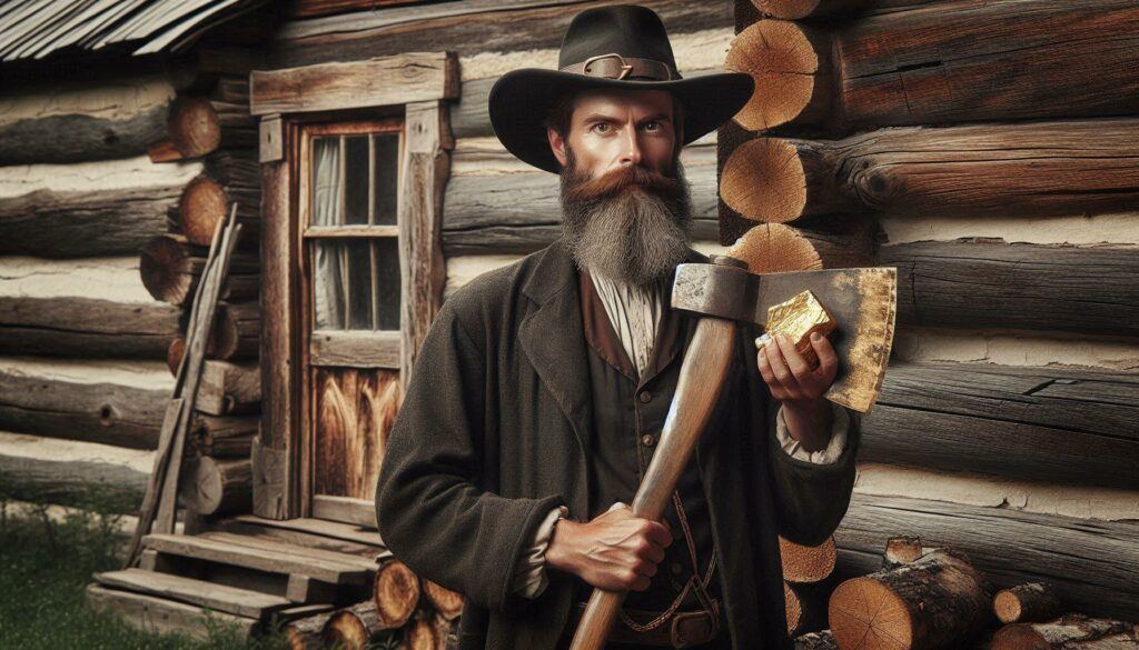  a 19th century pioneer man holding an axe next to his rustic cabin