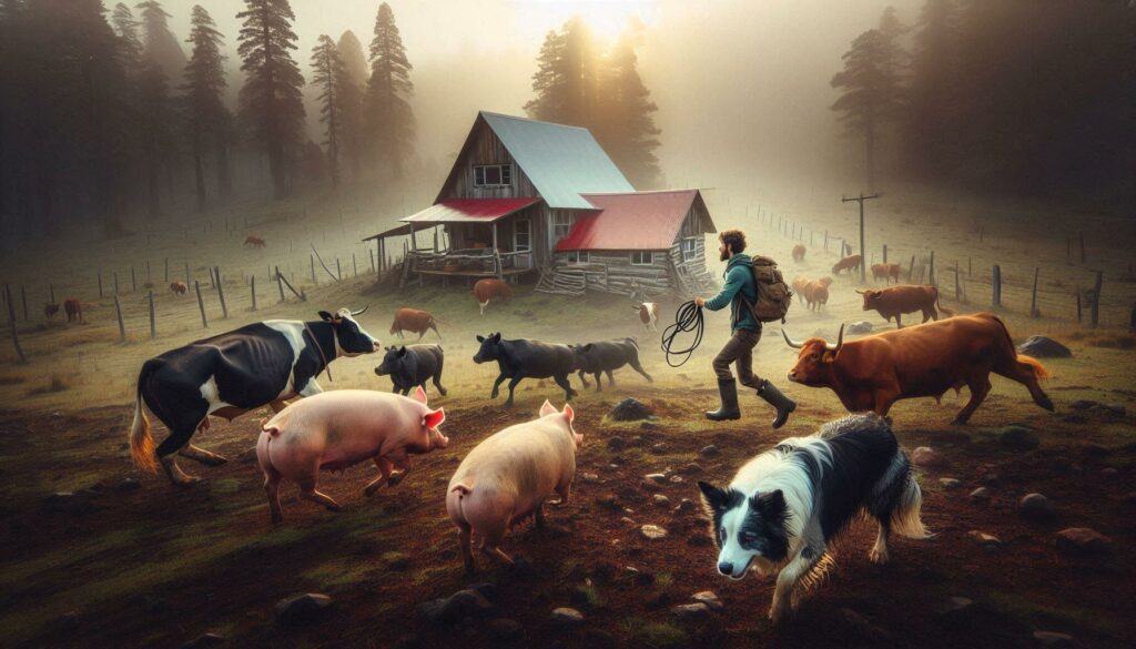 a Border collie dog rounding up some cows and pigs in the pasture of an off the grid cabin deep in the wilderness