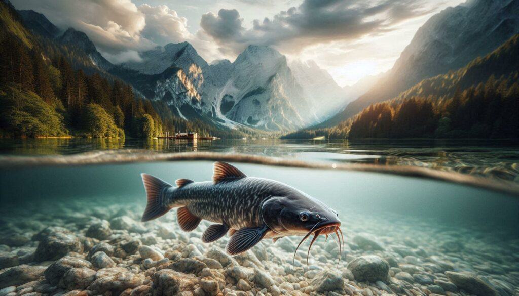 a fresh water catfish swimming through the water in a freshwater lake in the mountains