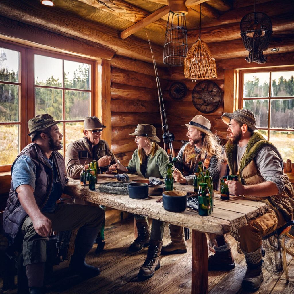 a group of men and woman sitting around a table in a rustic cabin drinking beer with fishing gear all over the place