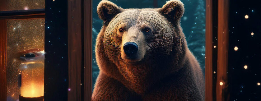 bear looking through a window in a cabin in the forest