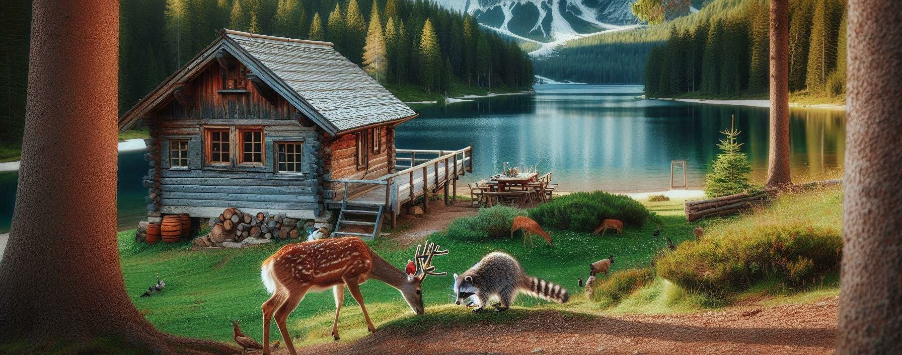 deer and a racoon eating far away from a rustic cabin in the backyard in the wilderness by an alpine lake