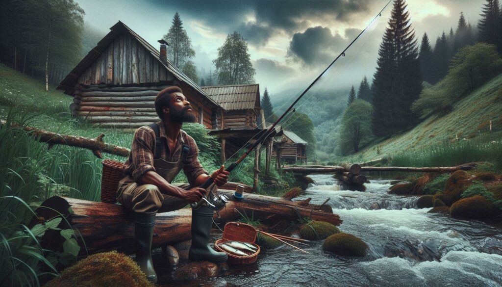 fisherman on a creek by his rustic cabin looking up at the sky to see if it is going to rain or snow