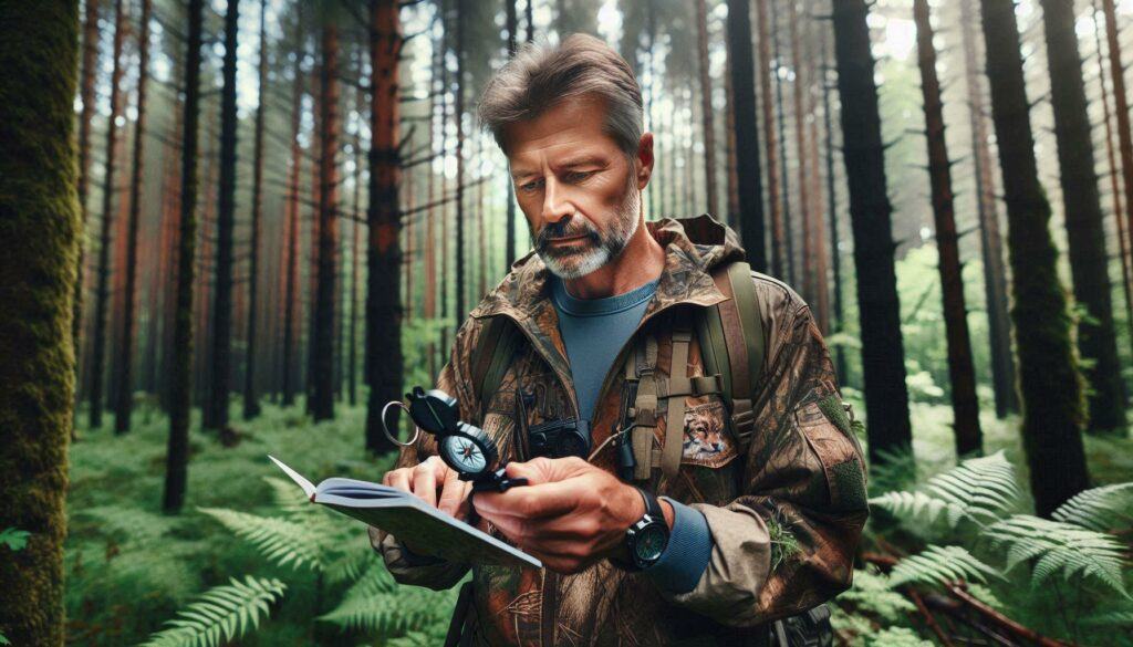 man looking a hunting guide while in the forest