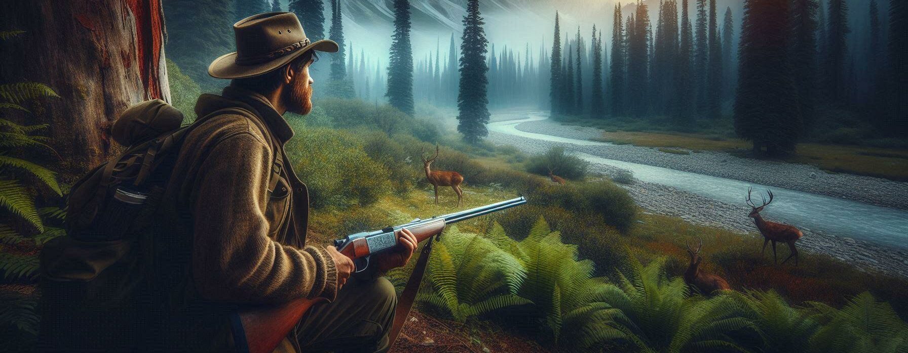 mountain man carrying a rifle looking for deer that are far away in the forest for his dinner