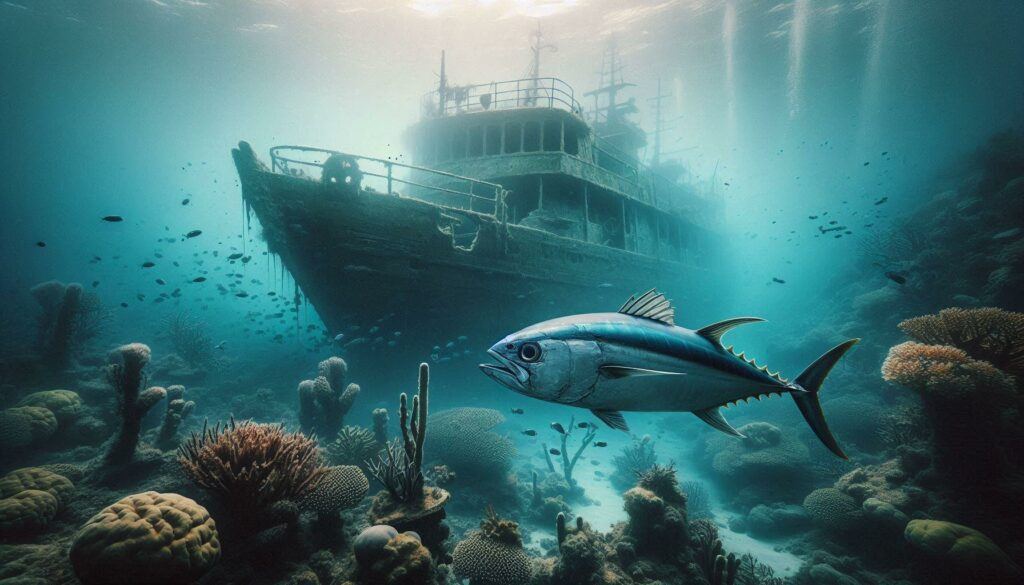  salt water tuna fish swimming in the ocean next to a sunken ship wreck