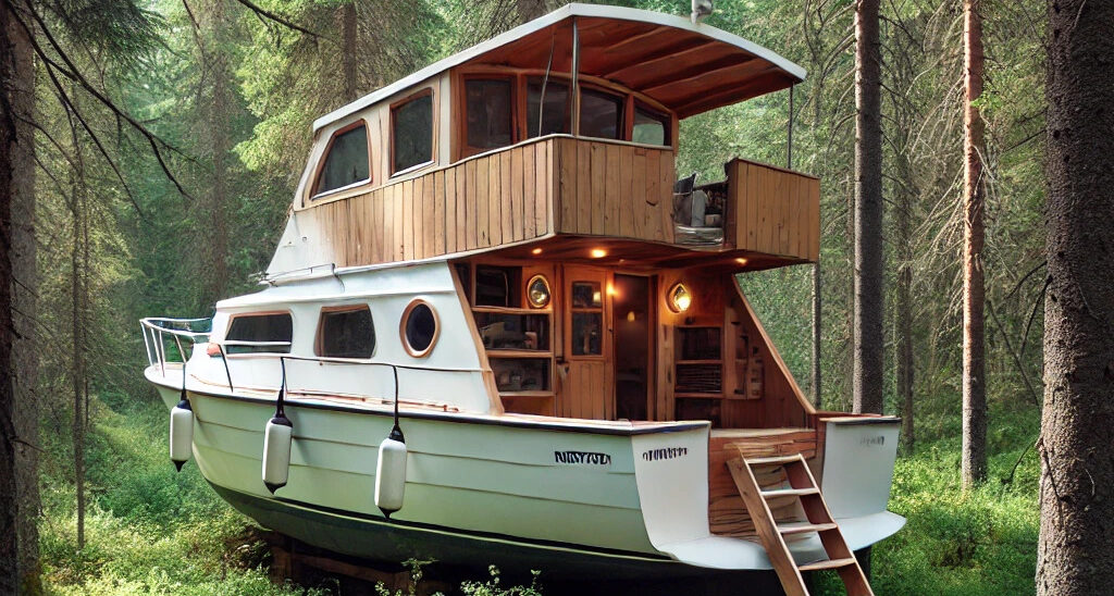 An old cabin cruiser made into a cabin in the wilderness