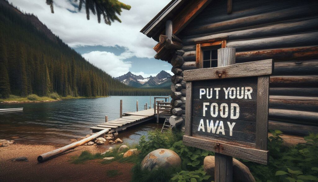 Sign outside a rustic cabin by a lake in the wilderness with a sign reading Put Your Food Away