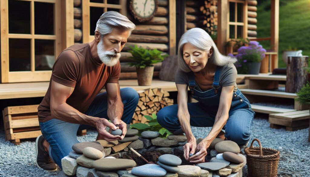 a mature man and a woman using stones in their backyard of their cabin to build a firepit