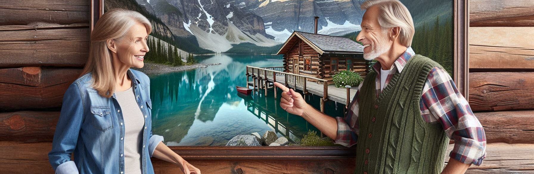 picture of a mature couple looking at a picture on the wall of a rustic cabin by an alpine lake with a glacier in the background