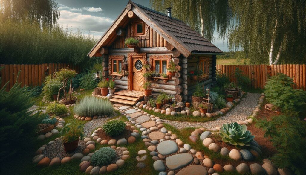 small rustic cabin using river rock for borders and path ways around their garden