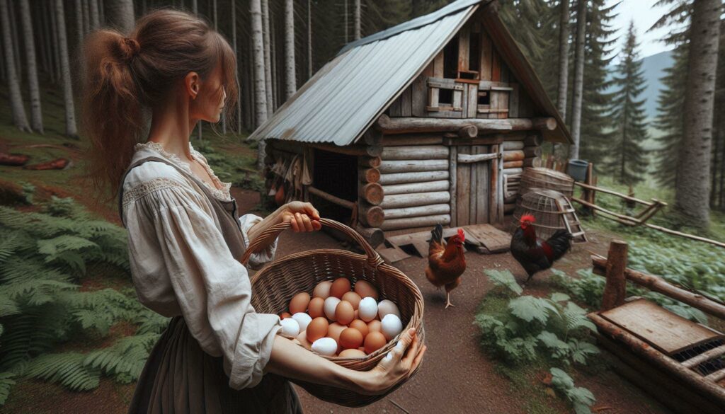 woman carrying a basket of eggs by her cabin