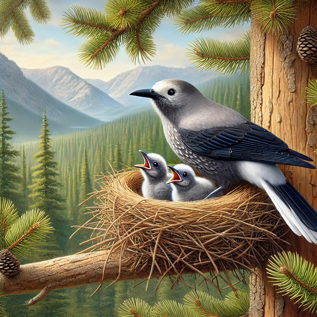 Clark's Nutcracke Bird in a nest with their young high up in a pine tree in the Sierra Nevada Mountains