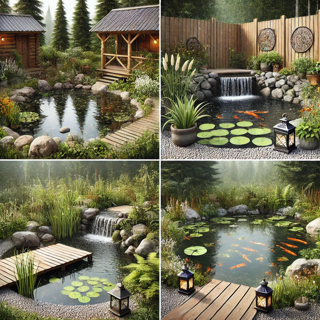 Four backyard pond designs suitable for a rustic off-the-grid cabin setting. Design 1_ A naturalistic pond with rocks, aquatic plants