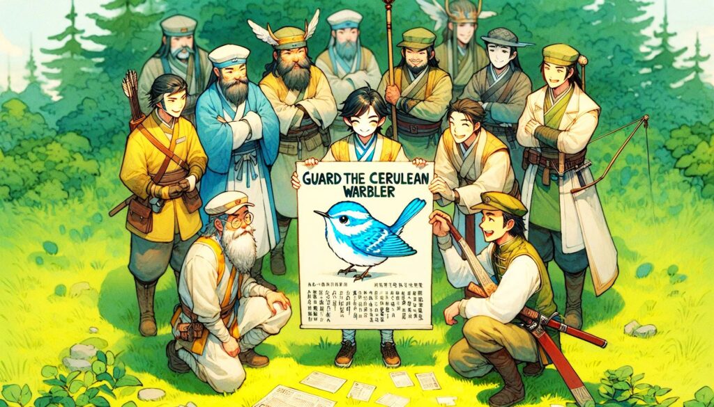 a small group of men and women holding a sign reading Guard The Cerulean Warbler