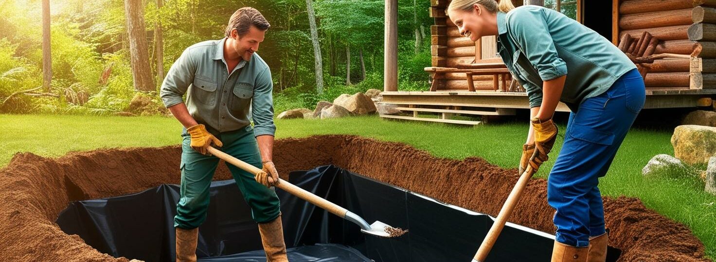 man and a woman digging a hole and putting in a liner by their rustic cabin in the wilderness for a LARGE wildlife pond